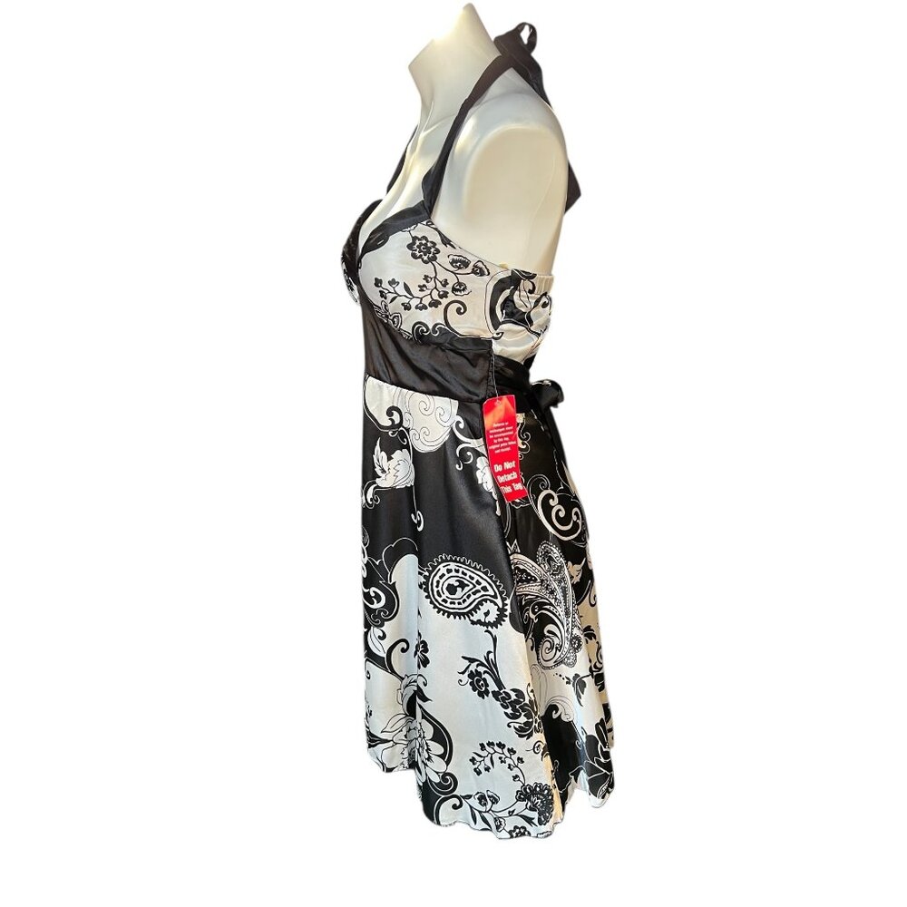 Ruby Rox Womens Halter Dress Size M Satin Floral Black & White Lined with ruffle - Picture 3 of 15